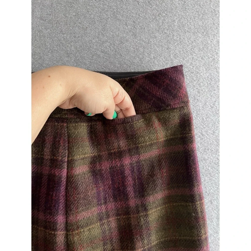 LL Bean Wool Plaid Skirt Women's 10 Purple Green Side Slit Zip Y2K Retro Vintage - Picture 5 of 12